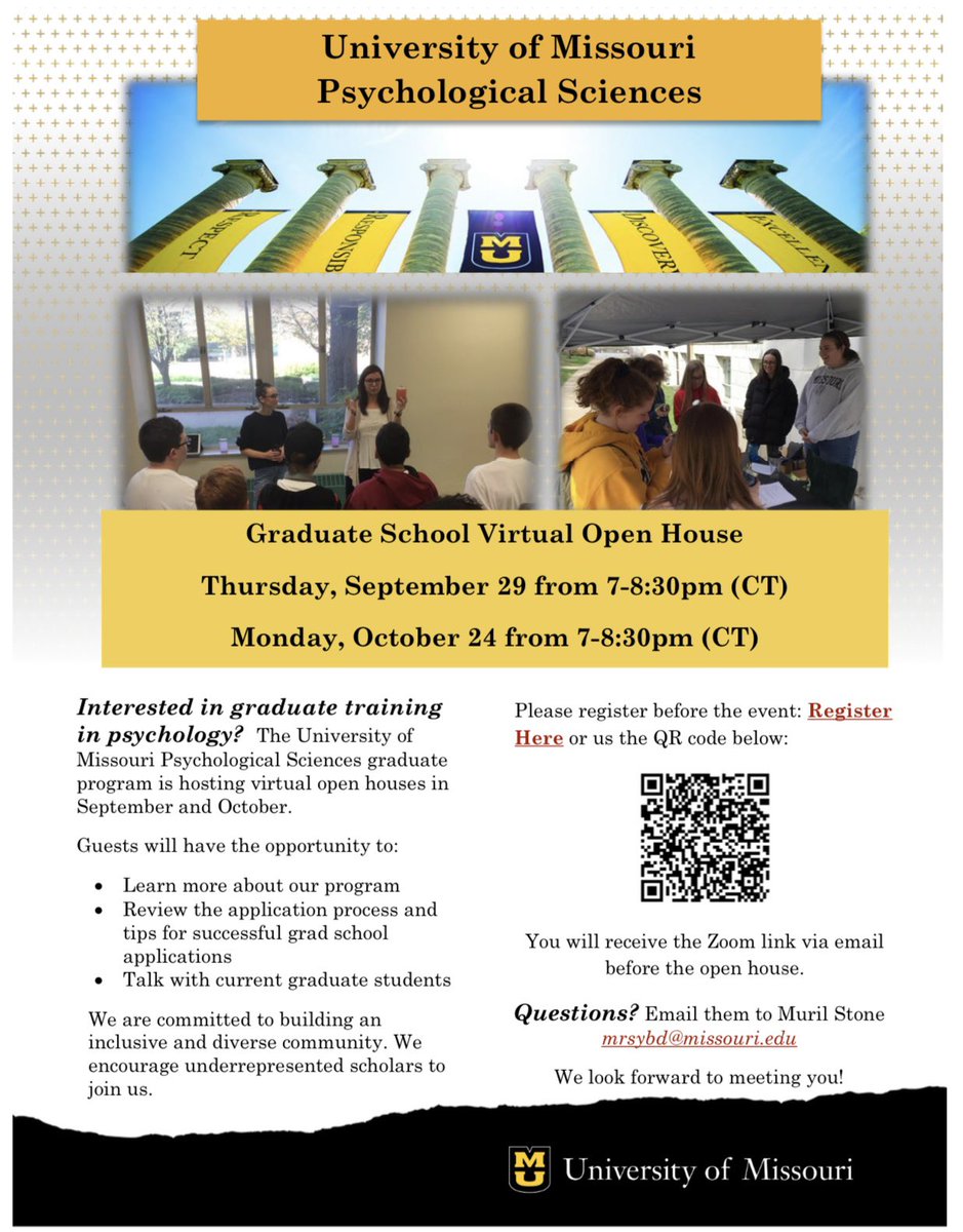 MadsPsychology's tweet photo. Interested in graduate school? Thinking of studying psychology? Come find out more! @MizzouPsych https://t.co/8oIG5tR430