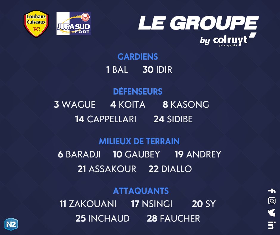 JuraSudFoot's tweet photo. [Championnat N2] 🔵⚪️

Groupe retenu pour le match de la 2ème journée

@louhanscuiseauxfc vs @JuraSudFoot

#N2

#jsffamily https://t.co/xoIAwvWdmF