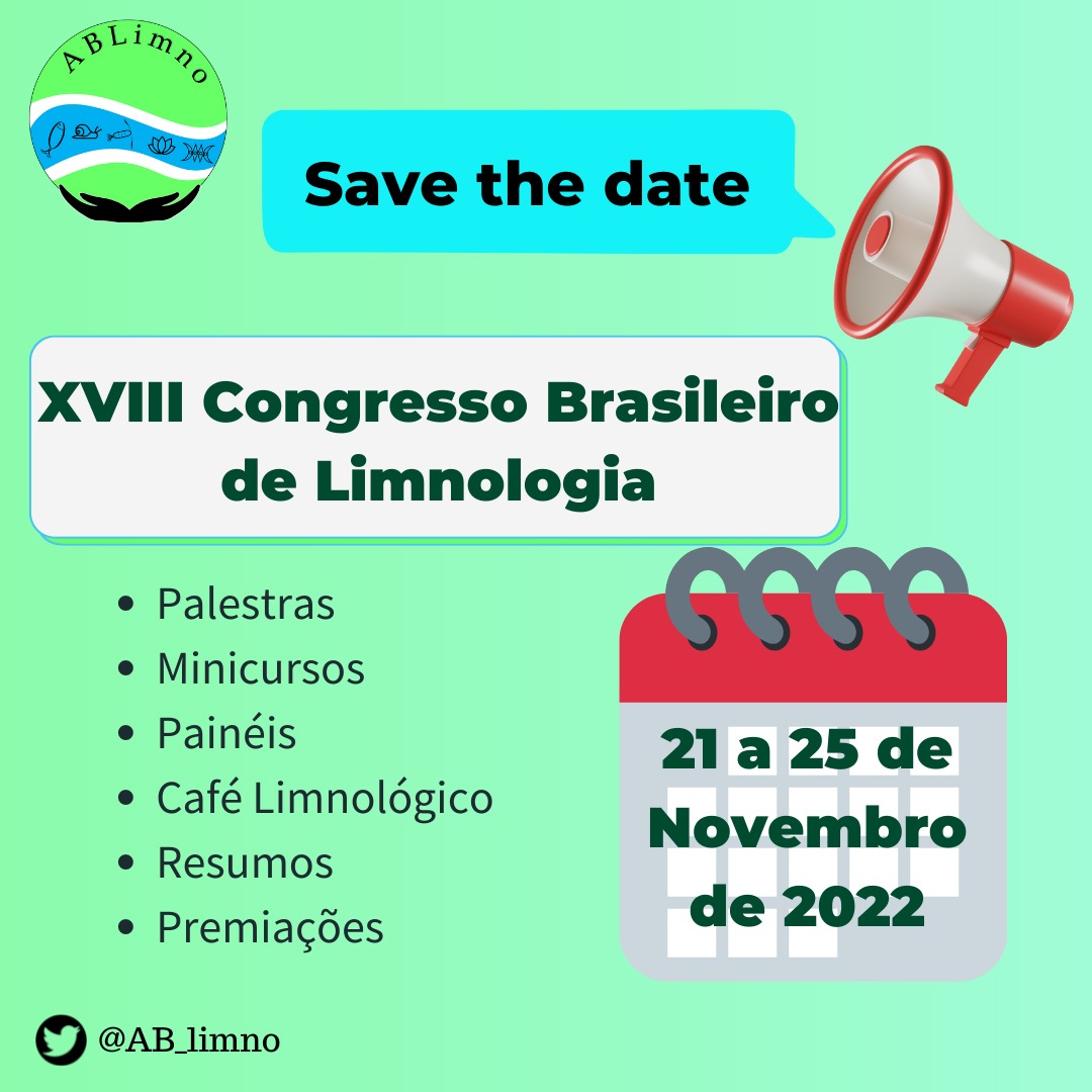 AB_limno's tweet photo. Não percam o XVIII Congresso Brasileiro de Limnologia – CBLimno!! Um evento totalmente online e acessível para todos os públicos!!
Em breve mais informações!!
Save the date: 21 a 25 de novembro de 2022.
#limnologia #agua #ablimno #cblimno2022 https://t.co/9mfAOiBolo