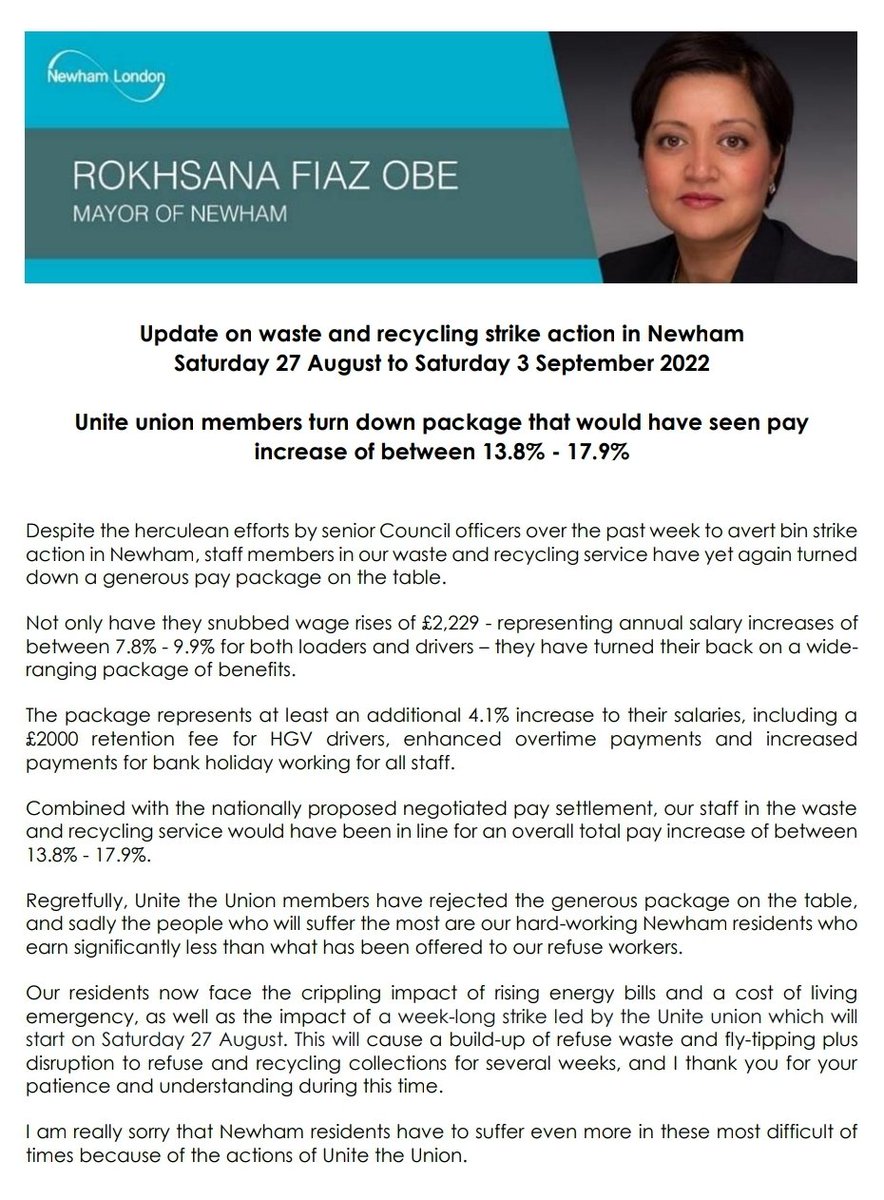 rokhsanafiaz's tweet photo. Despite herculean efforts by senior Council officers over the past week to avert bin strike action, staff have yet again turned down a generous pay package.

I am sorry that Newham residents have to suffer even more because of the actions of Unite the Union.

My full statement: https://t.co/BqB9gTie0T