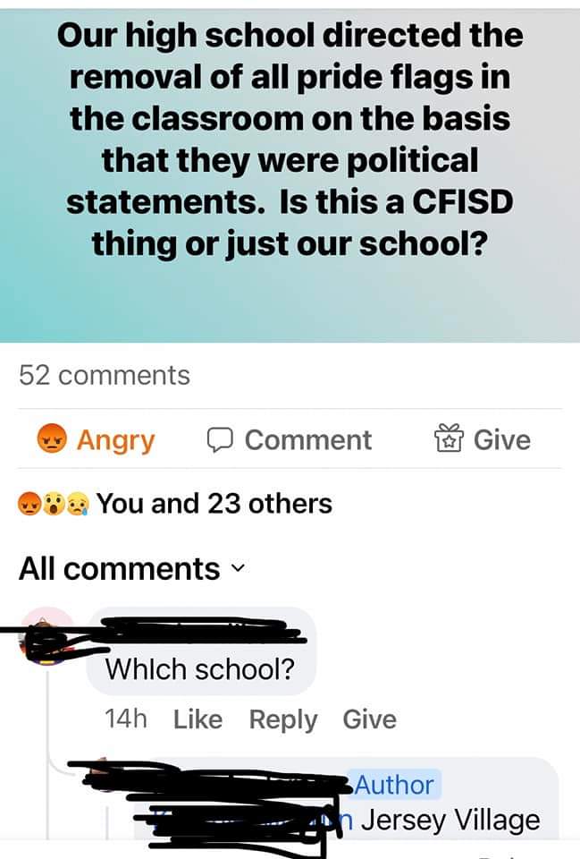 wattbot1's tweet photo. @mariacruzCFISD @jvhsprincipal @AmandaVTran @JerseyVillageHS @JerseyVillageTX @CyFairISD @jvhsprincipal can you please comment on why rainbows are ok in the sky and not in the classrooms? I'm going to need a much better reason than "controversial". My friends and I are angry and alarmed by our school conceding to the anti-lgbt crowd. Your students deserve better. https://t.co/nRr2fTq6aI