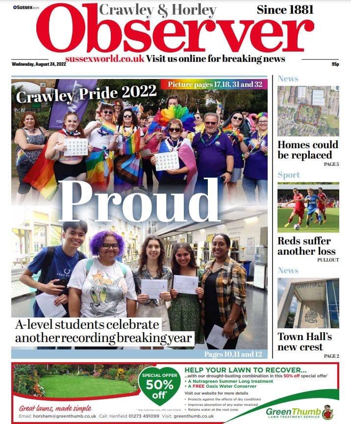dccdiversity's tweet photo. Fantastic to see @WestSussexScout at Crawley Pride this year and appearing front page of the Crawley Observer #Scouting4all https://t.co/oKsBy8gZII