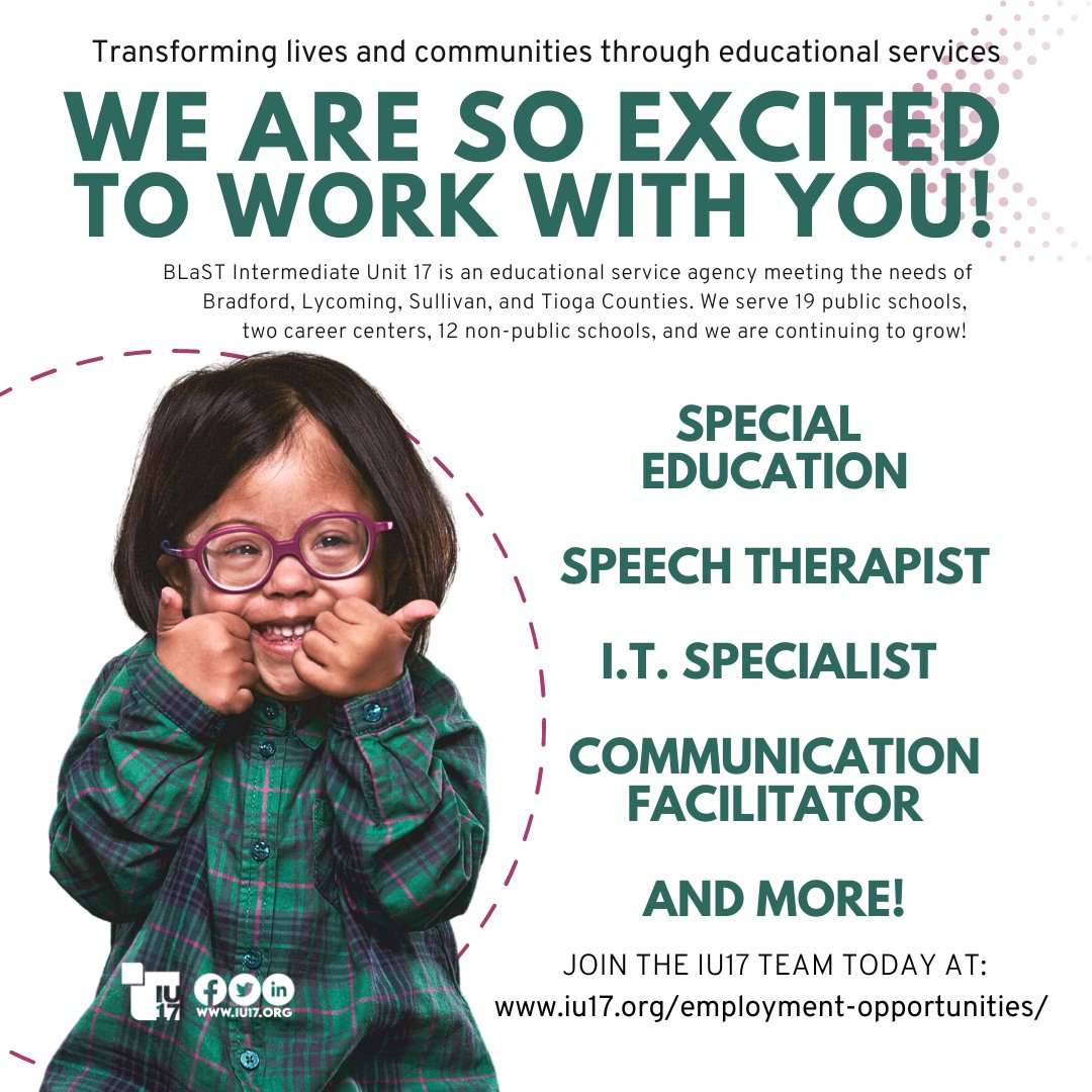 #BLaSTIU17 offers a wide variety of full and part-time employment perfect for you and your next career step!
Come join the #IU17team as we continue to #transform lives &amp; communities!
Check out our latest opportunities and apply at iu17.org/employment-opp…
<a href="/PADeptofEd/">PA Department of Education</a> <a href="/PAIU/">PAIU</a>