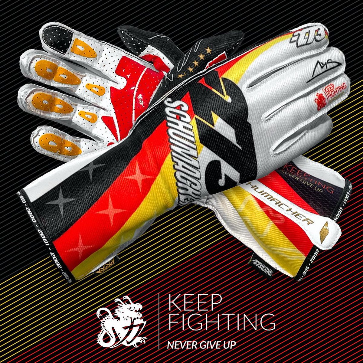 MSchumacherFans's tweet photo. A very special Michael Schumacher edition gloves by the -273 ™. 🔥🔥

Developed and designed in collaboration with his son Mick, to celebrate the 30th anniversary of his first Formula 1 victory, in Spa-Franchorchamps 1992. 

#F1 #KeepFightingMichael #KeepFightingFoundation https://t.co/8lgwOs5qlQ
