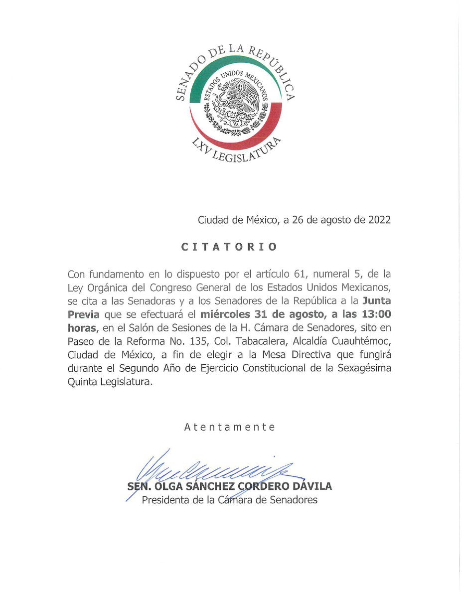 NoticiaCongreso's tweet photo. #TomaNota 🗒️ | La presidenta de la Mesa Directiva del @senadomexicano, @M_OlgaSCordero, citó a las y los senadores a la #JuntaPrevia que se llevará a cabo en el Salón de Sesiones.
📅 31 de agosto
⏰13:00 horas https://t.co/pjotfuj6Th