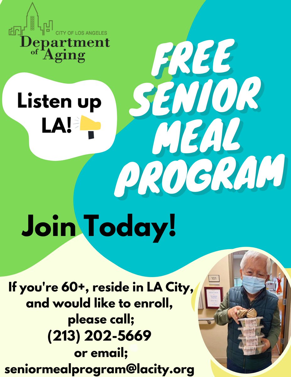 LA4AgingSupport's tweet photo. Listen up! Angelenos who are 60+ and looking for free home-delivered meals can qualify for the Senior Meal Program. Call us at 213-202-5669 to get started ☎️👇#seniormealprogram #LADOA https://t.co/USJHt0yo0t