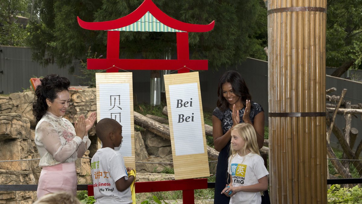 ChinaDaily's tweet photo. US first lady Michelle Obama and China's first lady Madame Peng Liyuan visited the National Zoo in Washington DC in 2015, they announced Bei Bei as the name of the new giant panda cub born on Aug 22. Bei Bei is complementary to Bao Bao, name of cub’s older sister.#Pandaversary https://t.co/GNmhf2FvR1