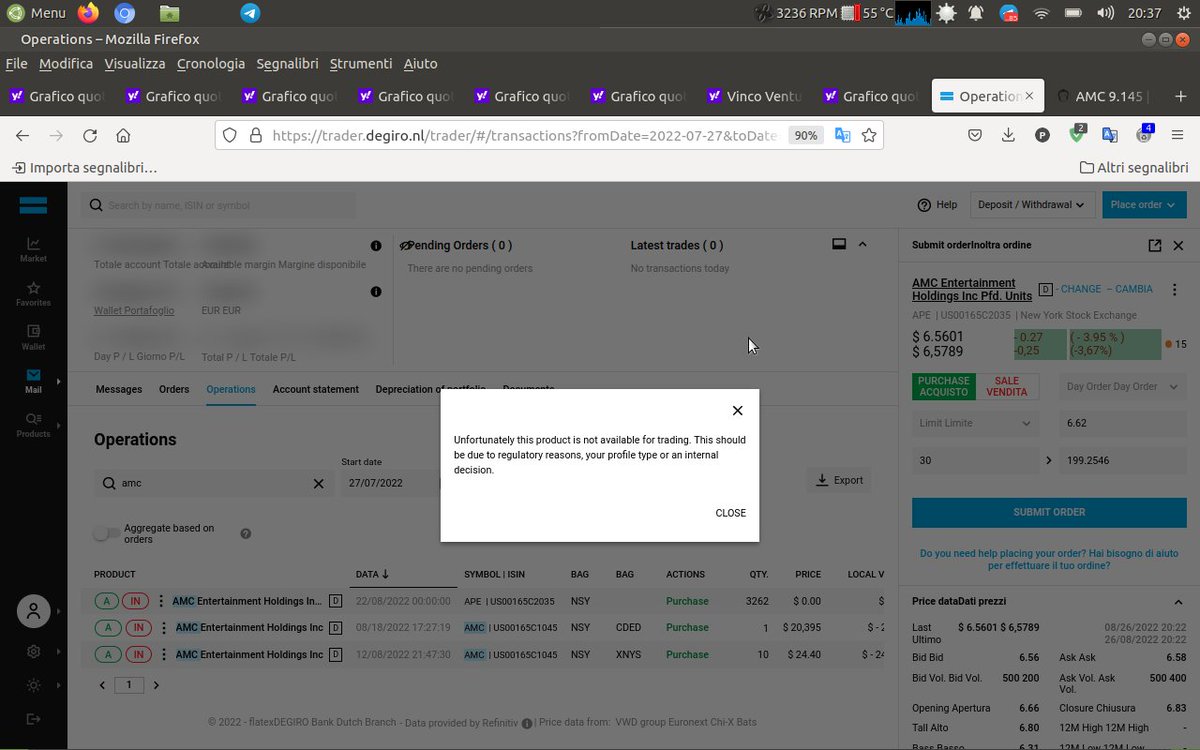Pol29938792's tweet photo. Degiro Italia, after 5 days from the $APE dividend it is impossible to buy $ APE
#fraud #fireGaryGensler #fireSEC @CEOAdam 
#APE #AMC @nytimes @WSJ @nypost @GaryGensler @chicagotribune @washingtonpost @Newsday @latimes @USATODAY @potus45 @oann @FoxNews #FightForFairMarket https://t.co/CNbsUimvTL