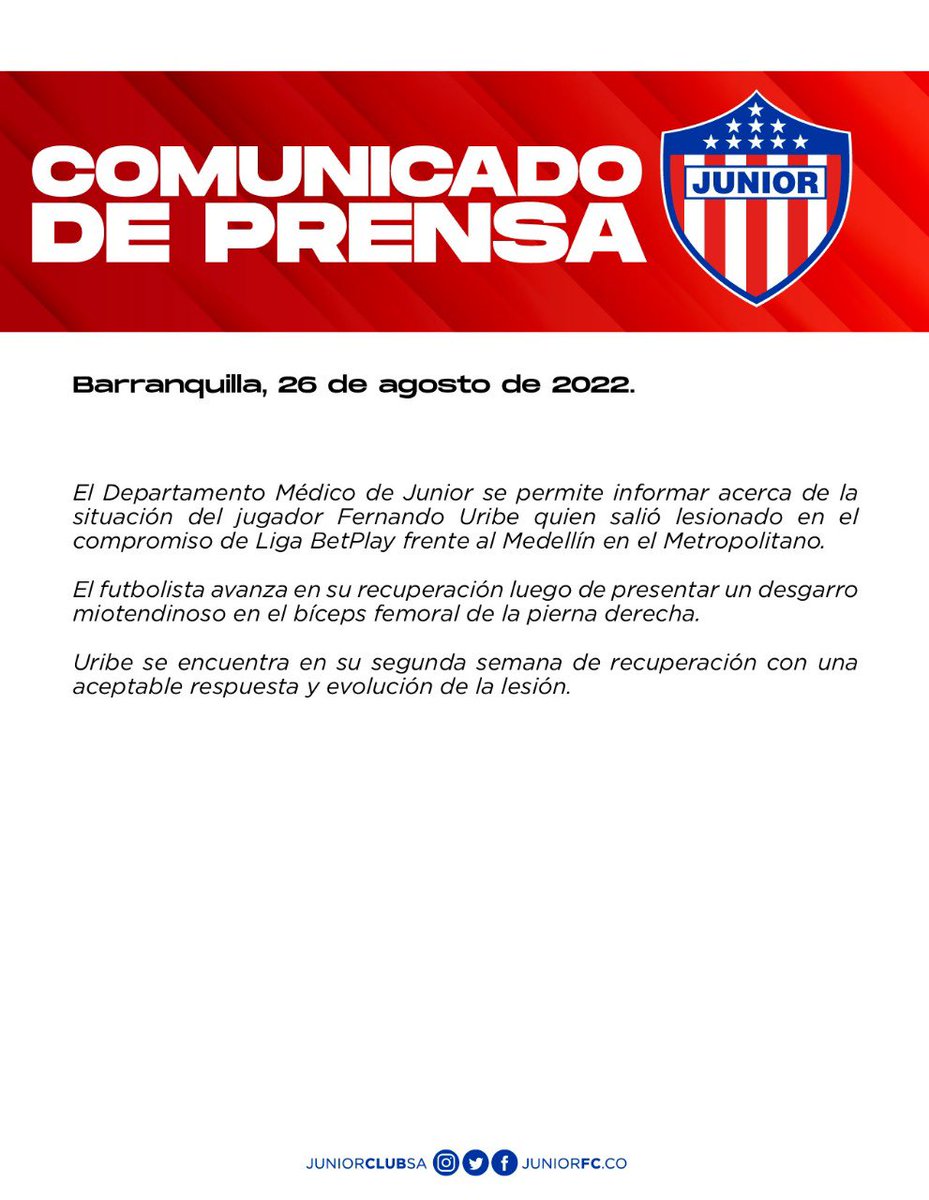 🚨Junior confirmó la lesión de Fernando Uribe

📌Acumula su segunda semana de recuperación