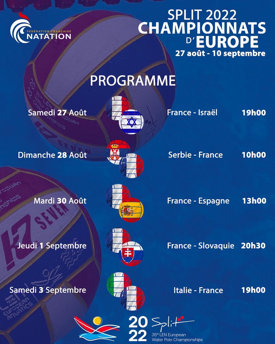 FFN_WaterPolo's tweet photo. [CE – Split 2022] – Programme de l’Équipe de France féminine 🤽‍♀️🇫🇷

Dès demain, le Spaladium Arena, de Split sera le théâtre des championnats d’Europe où les Françaises auront à cœur de performer 🏟🇭🇷

ℹ️ L’ensemble des matchs seront sur https://t.co/TPXTvBMTJB (lien gratuit)📺 https://t.co/U9xkBy75by
