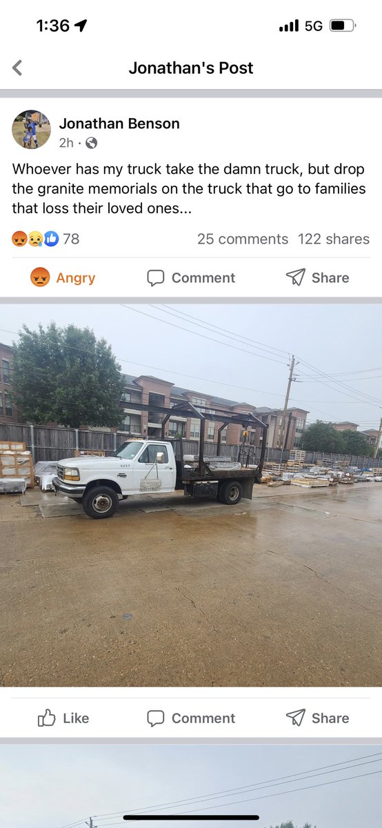 bathtimeprune's tweet photo. @brittwilmore Can someone help this Needville business recover gravesite monuments and hopefully his truck too. #smalltownnews https://t.co/914e0vbhsz