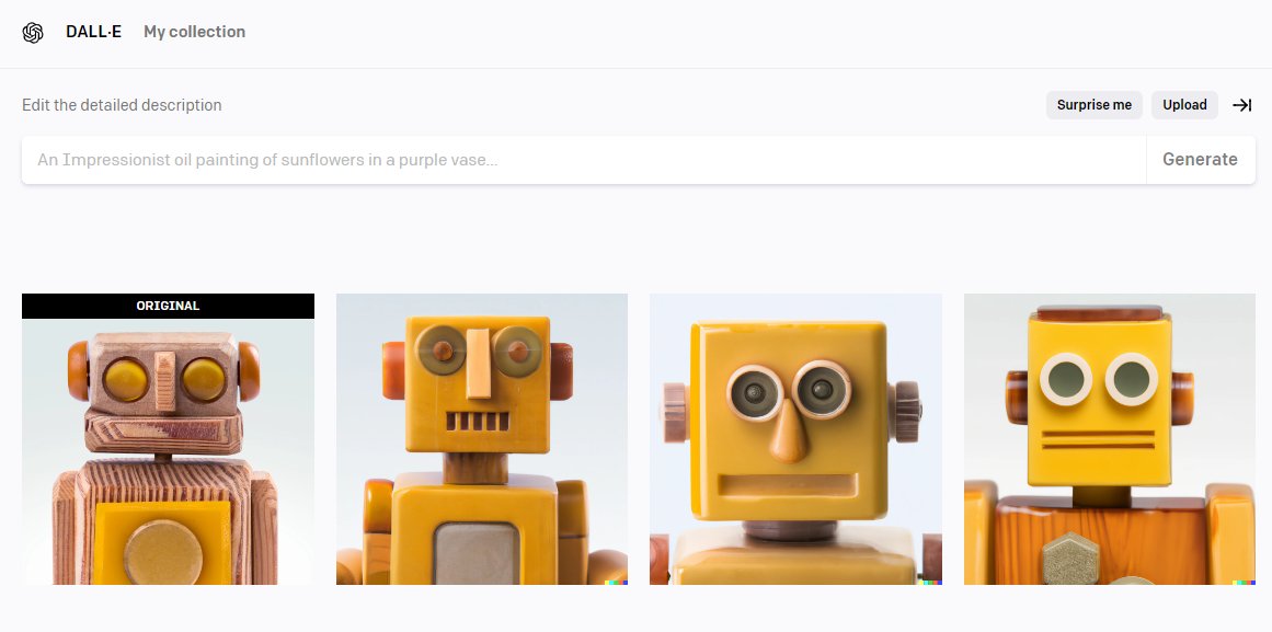 SantiagOlagaray's tweet photo. A first experiment with #dalle 
No description, just a pic of "Tomi" from the #KindDroid wood&amp;yellow collection.
In 3" the #AI understood that:
It's a robot.
It's a toy.
It's meant to look pop-ish.
It's smiling.
#CNFT #CardadnoCommunity #NFTartist https://t.co/eJc94NL4HJ