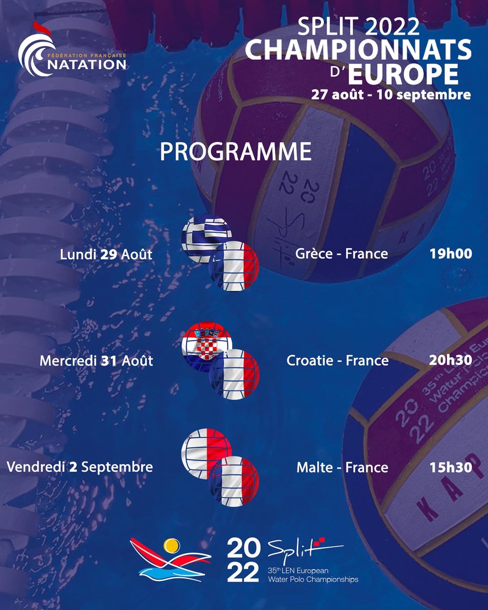 FFN_WaterPolo's tweet photo. [CE – Split 2022] – Programme de l’Équipe de France masculine 🤽‍♂️🇫🇷

L’ambiance est sur le point de devenir électrique dans l’enceinte du Spaladium Arena, à Split🏟🇭🇷

ℹ️ L’ensemble des matchs seront retransmis sur https://t.co/TPXTvBMTJB (lien gratuit mais il faut s’inscrire) 📺 https://t.co/lRxY5k1HQe