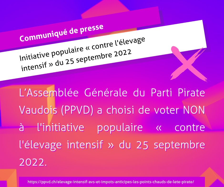 partipiratevaud's tweet photo. L’Assemblée Générale du #PartiPirate Vaudois (#PPVD) a choisi de voter NON à l'initiative populaire « contre l'élevage intensif » du 25 septembre 2022. #suisse #vaud #votations https://t.co/DL6Tn5LUrR
