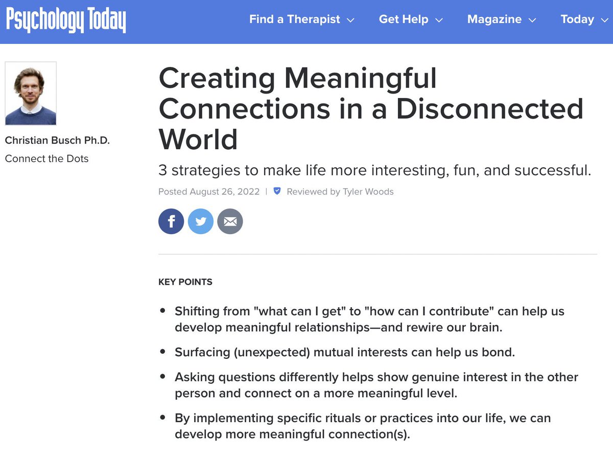 How to develop meaningful connection(s)? In this new <a href="/PsychToday/">Psychology Today</a> article, I share three ideas: 1) Shifting from "what can I get" to "how can I contribute"; 2) Surfacing (unexpected) mutual interests; 3) Showing genuine interest in the other person. psychologytoday.com/us/blog/connec…