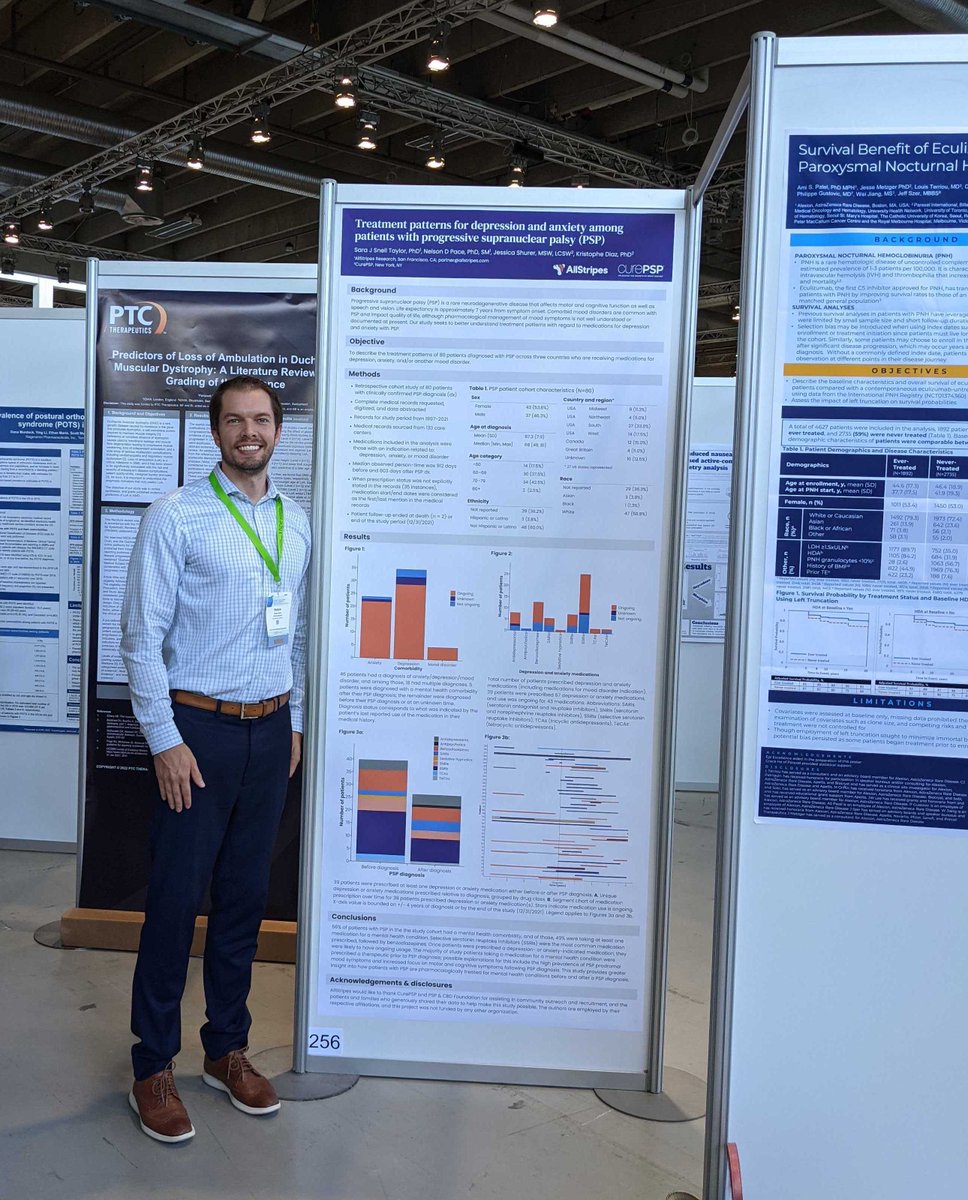 Check out our Director of Epidemiology Nelson Pace, PhD with our 8-foot-tall research poster on treatment patterns for depression and anxiety among patients with #ProgressiveSupranuclearPalsy in collaboration with <a href="/CurePSP/">CurePSP</a>! #ICPE2022