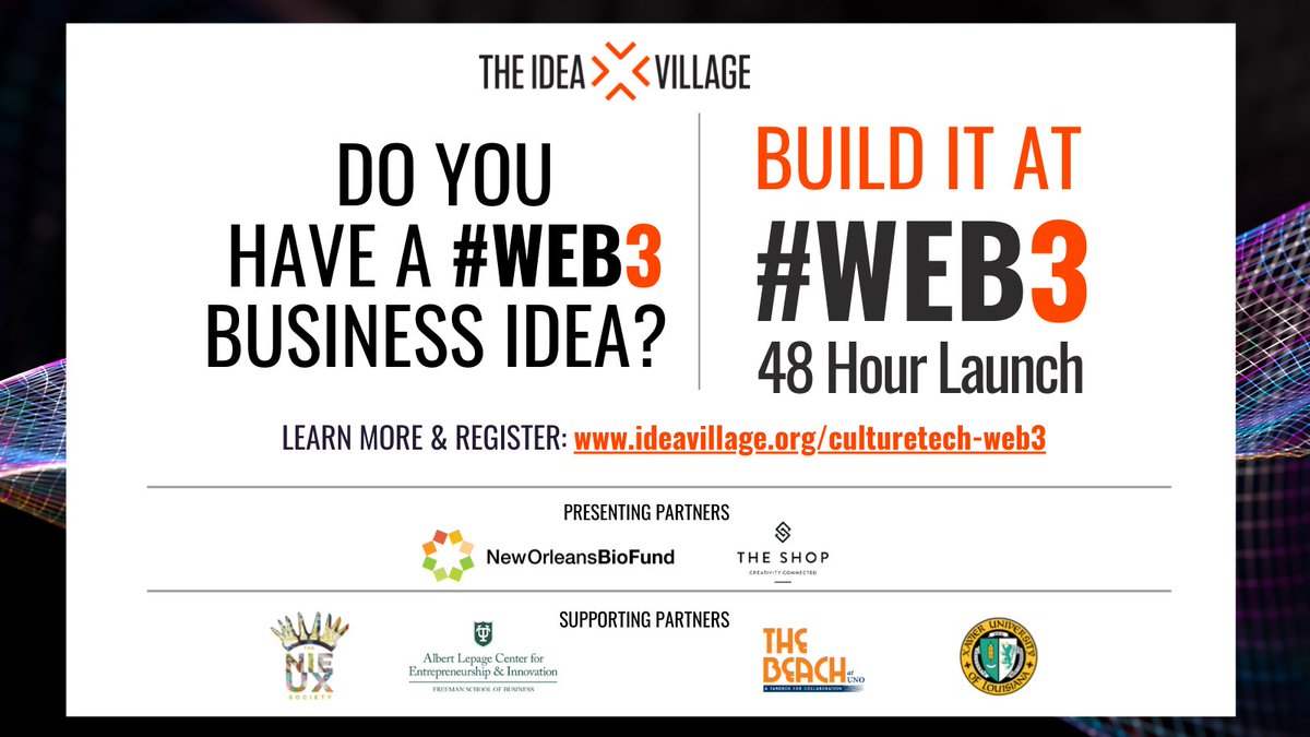 The <a href="/NOLABioFund/">New Orleans BioFund</a> is proud to partner with <a href="/TheIdeaVillage/">The Idea Village | Startup | Nola & Gulf Coast</a> for the first ever #WEB3 inspired 48 Hour Launch taking place 9/9-9/11. Come ready to build a #WEB3 product or business with a team for a chance to win a grand prize! Register before 9/8: bit.ly/3Ri4T5H
