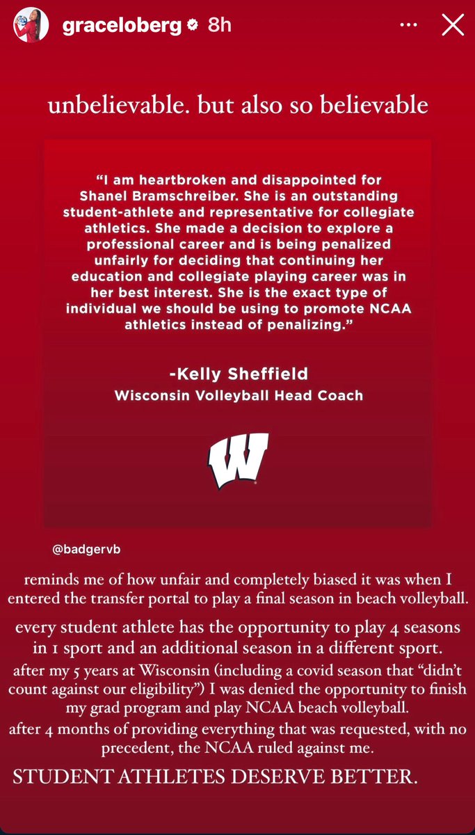 The NCAA cannot get out of it’s own way.. 2 more horrible “rulings” involving Wisconsin Badgers volleyball players (current &amp; former)… Shanel &amp; Grace - you deserved better. The NCAA failed you both!  On Wisconsin!#DoTheRightThing <a href="/BadgerVB/">Wisconsin Volleyball</a> <a href="/gv11loberg/">grace loberg</a> <a href="/Shanelbram/">Shanel Rae</a> <a href="/DennisPunzel/">Dennis Punzel</a>