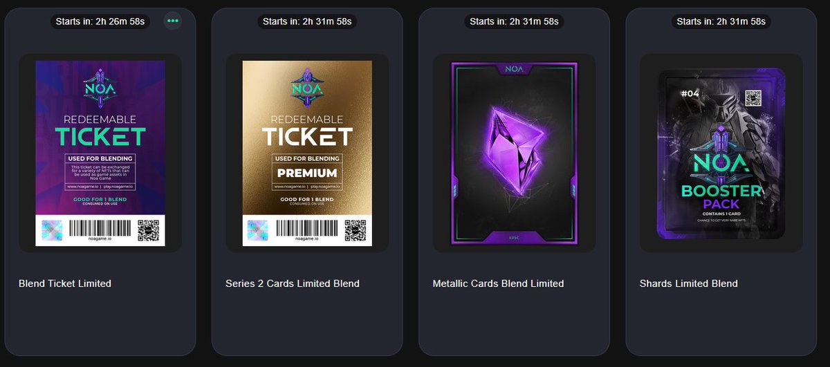 Noa Game on <a href="/WAX_io/">WAX</a> - New limited blends starting today at 17:00UTC! Here's your chance to use those hard earned Blending tickets for a chance to get some really amazing stuff, including the new metallic and series 2 cards!

neftyblocks.com/c/noacollector…

#NFTs #NFTGaming #NFTGame
