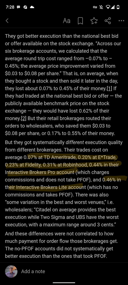 Here's what it "costs" to place a "free" trade on a zero commission brokerage according to new research by 5 finance professors.
0.07% @TDAmeritrade
0.20% <a href="/etrade/">E*TRADE from Morgan Stanley</a>
0.23% <a href="/Fidelity/">Fidelity Investments</a>
0.31% <a href="/RobinhoodApp/">Robinhood</a>
0.44% Interactive Brokers

papers.ssrn.com/sol3/papers.cf…