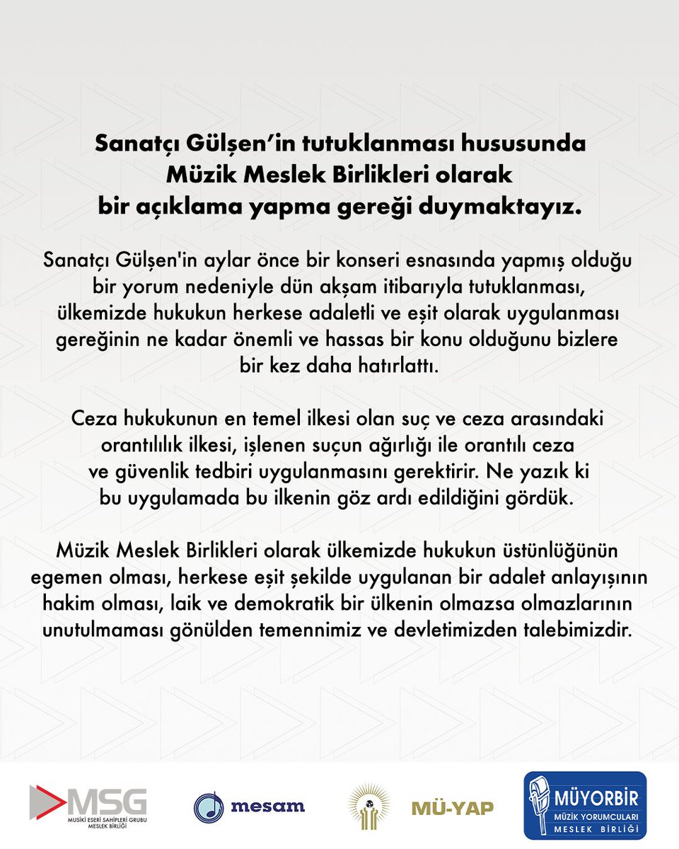 Üyemiz Gülşen’in dün akşam tutuklanması ile sonuçlanan gelişmeler karşısında büyük bir hayal kırıklığı yaşıyoruz. Müzik Meslek Birlikleri olarak ortak açıklamamızı bilginize sunarız.