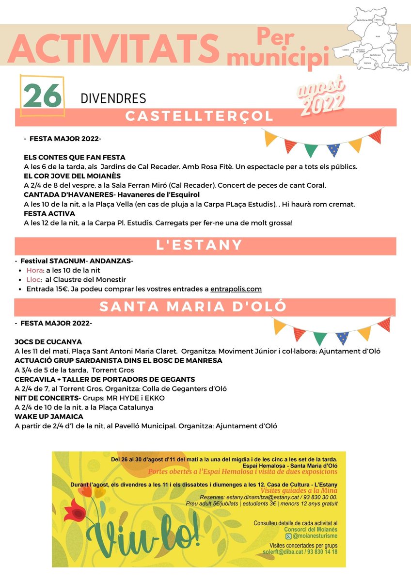 comarcamoianes's tweet photo. 🥳Ja tens pla pel cap de setmana?Et proposem una pila d'activitats!👏  Festes Majors a #castellterçol i #oló , festival #Stagnum a l'#estany ,🎼 concert a #collsuspina, i més! #ecomuseudelmoianes:portes obertes a l'Espai Hemalosa i visites Mina de l'#Estany.www.moianesturisme.cat https://t.co/pvJcpjNGY7