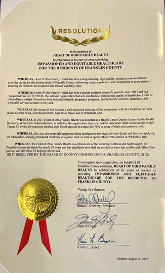 HeartOfOhio's tweet photo. To all Heart of Ohio Family Health staff and volunteer board members, this resolution from Franklin County Commissioners' office dated August 11, 2022, is to affirm your selfless dedication to the total well-being of its residents! Thank you ! https://t.co/086mHOJLQV