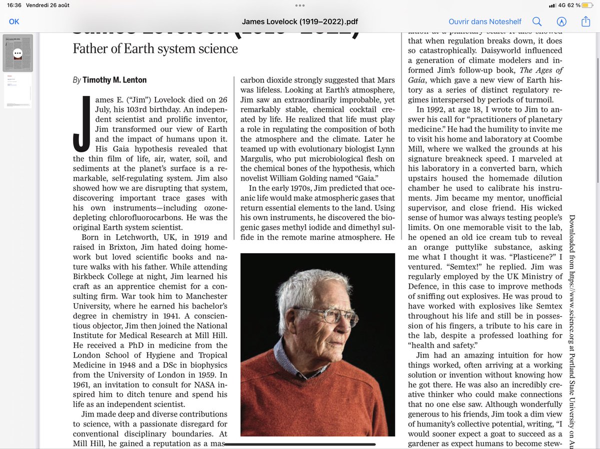 Very moving obituary by Timothy Lenton to mark the death of James Lovelock in today Science’s magazine p.927 ‘The world has lost a genius and iconoclast of immense intellectual courage. Never afraid to lambast the establishment and challenge convention.’