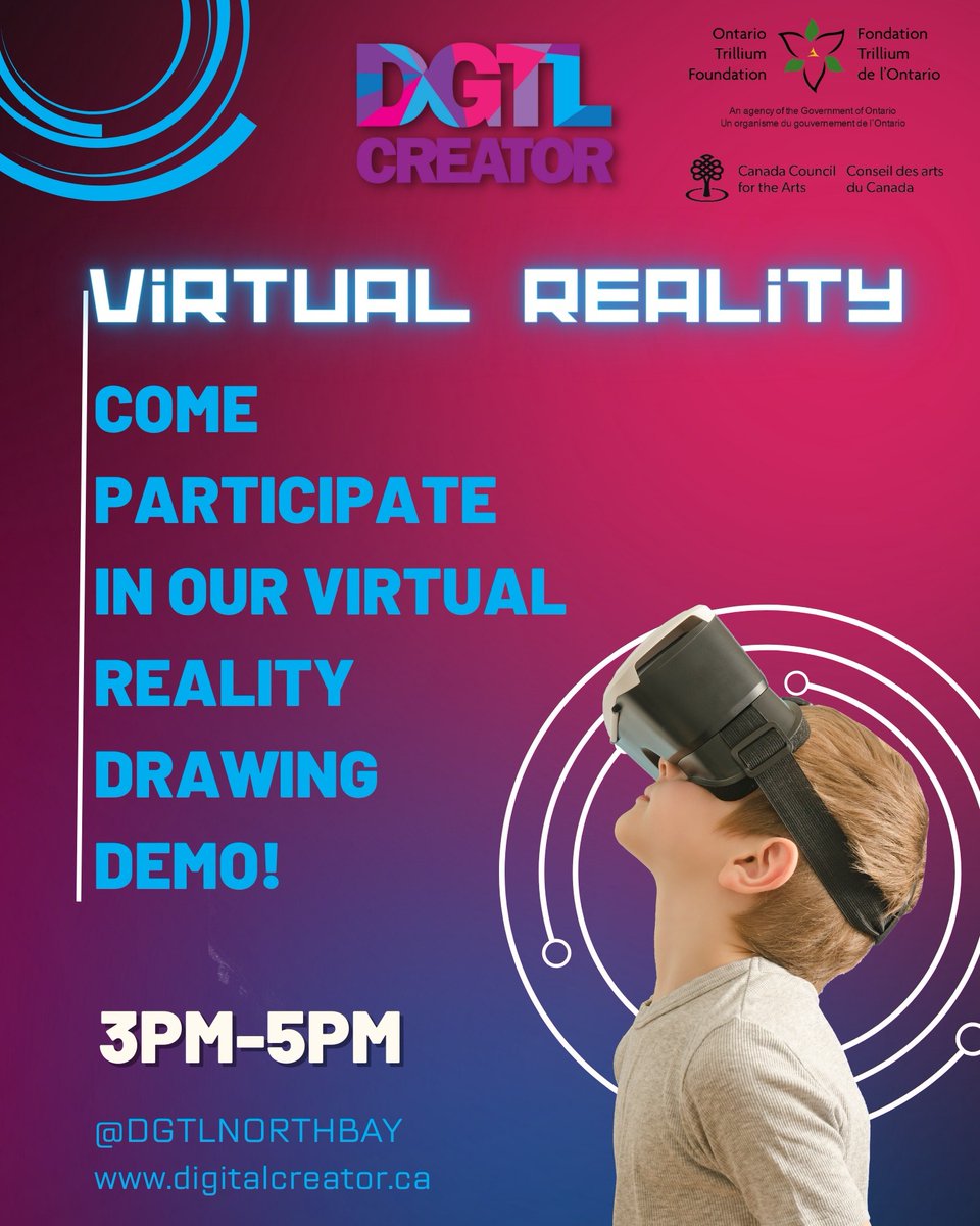 In North Bay this weekend? Come meet our Digital Creator North Bay team at the #BayBlockParty! 
Visit the <a href="/CreativeIndNB/">Creative Industries North Bay</a> Community Booth between 3-5pm on Saturday to learn about all our FREE programming and participate in our Virtual Reality Drawing Demo! #NorthBay #DGTLCreator