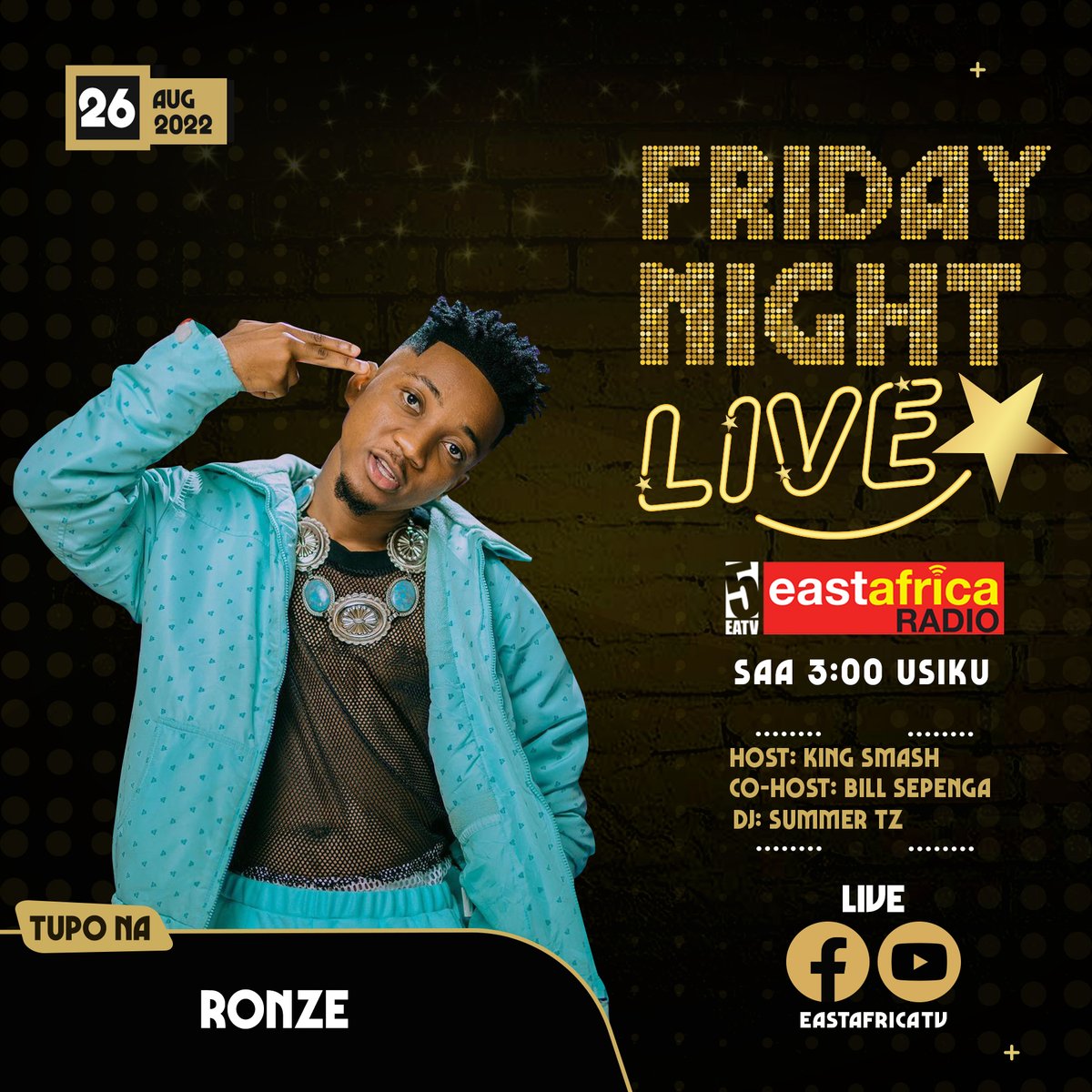 eastafricatv's tweet photo. Tutakuwa na mkali Ronze kwenye Mahakama Kuu ya Burudani #FridayNightLive leo kuanzisha vibe la burudani kuelekea wikiendi.
Usikose kutazama show kuanzia saa 3:00 Usiku, #EastAfricaTV pia itasikika kupitia @earadiofm
#BongoFleva #Muziki #Ronze https://t.co/Md0F4P2YgS