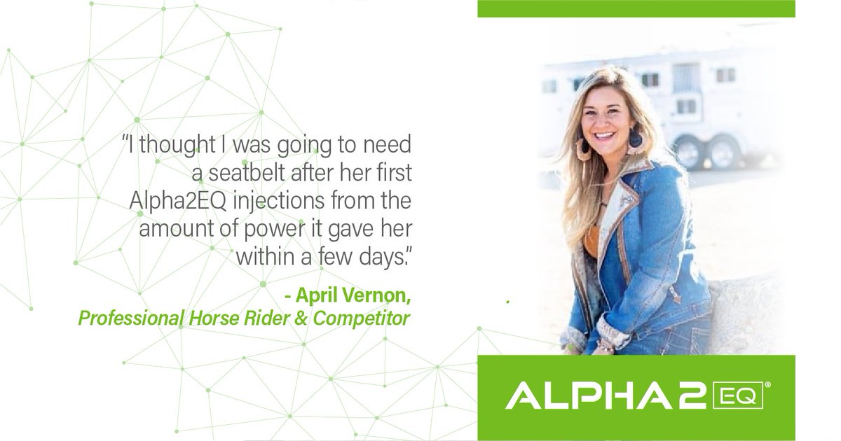 AstariaGlobal's tweet photo. “I thought I was going to need a seatbelt after her first Alpha2EQ injections from the amount of power it gave her.” – April Vernon, Professional Horse Rider &amp; Competitor, shares her experience using Alpha2EQ.

Watch the full video: https://t.co/je35NGkkem

#alpha2eq https://t.co/xieiXYHocY