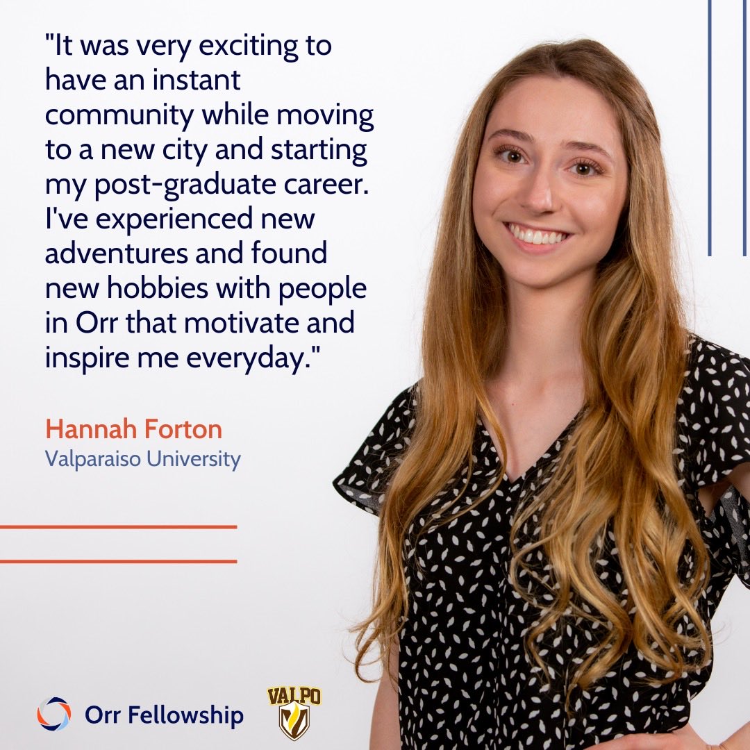 OrrFellowship's tweet photo. Looking to personally develop and grow in your career post graduation similar to Hannah? Join Orr Fellowship and meet others that will push and inspire you to get outside of your comfort zone and learn new skills! Click the link to apply, https://t.co/9yPEijWsBd https://t.co/q9vv3BoTX2