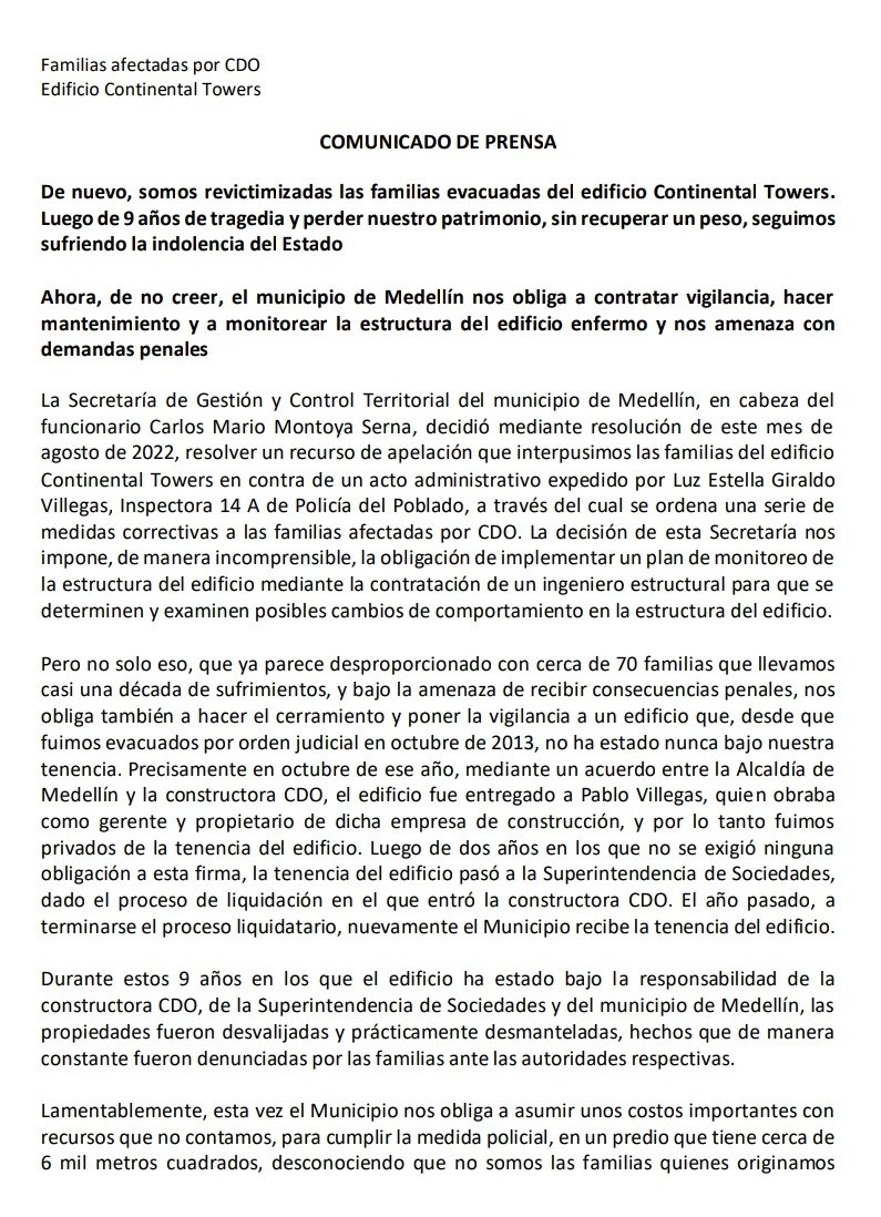 azurychamah's tweet photo. Nueve años después, en Medellín, los propietarios de Continental Towers están abandonados y desesperados. Además, sienten que les cobran "los platos rotos". https://t.co/2YsmkWM9Fn