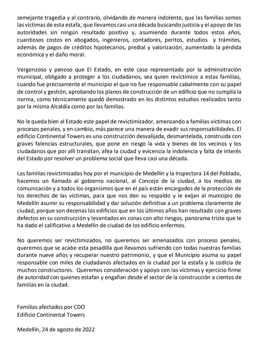 azurychamah's tweet photo. Nueve años después, en Medellín, los propietarios de Continental Towers están abandonados y desesperados. Además, sienten que les cobran "los platos rotos". https://t.co/2YsmkWM9Fn