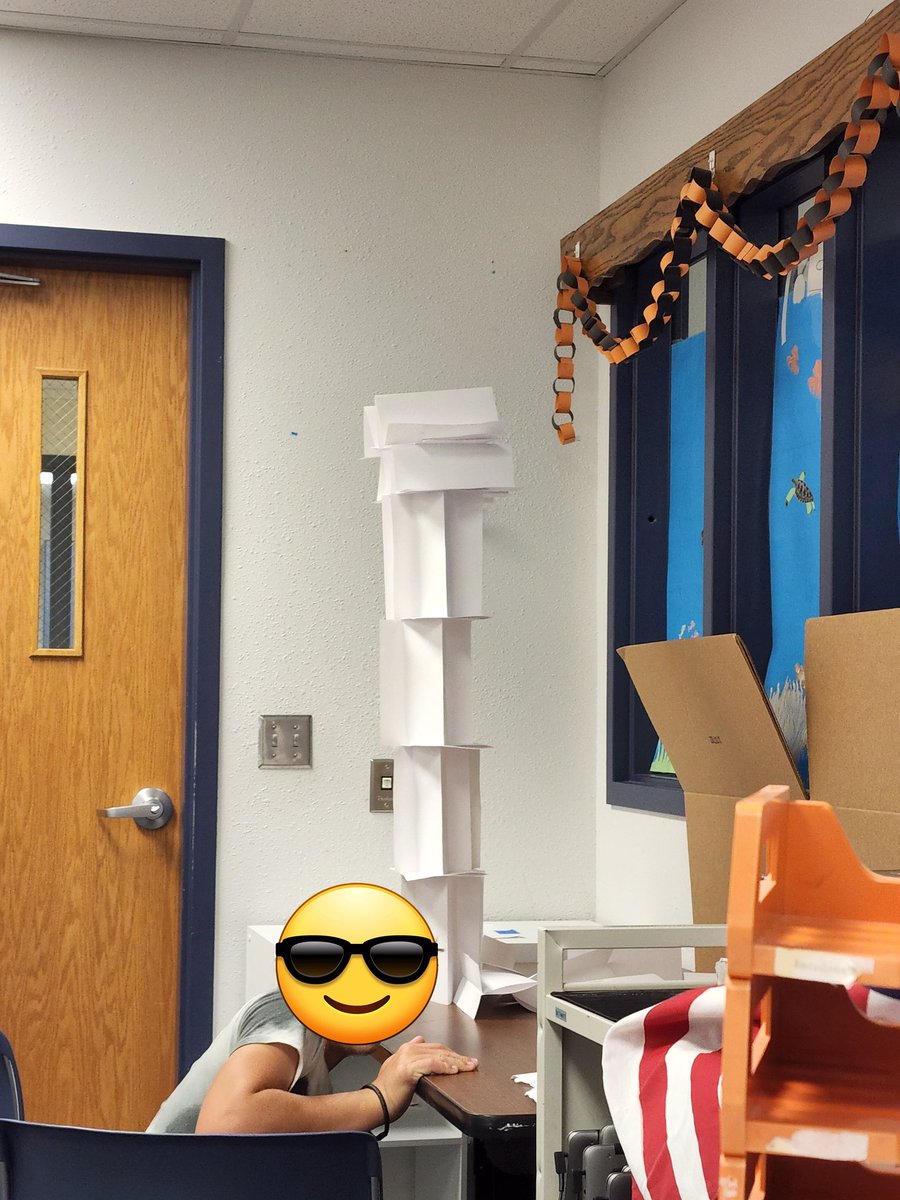 JeffSands2's tweet photo. MS Computer Science problem solving activity - Paper tower challenge! Winners were 65"tall with 20 sheets of paper!  The tower had to stand for 30 seconds! #mepoclassroom https://t.co/KT2QgOUcuh