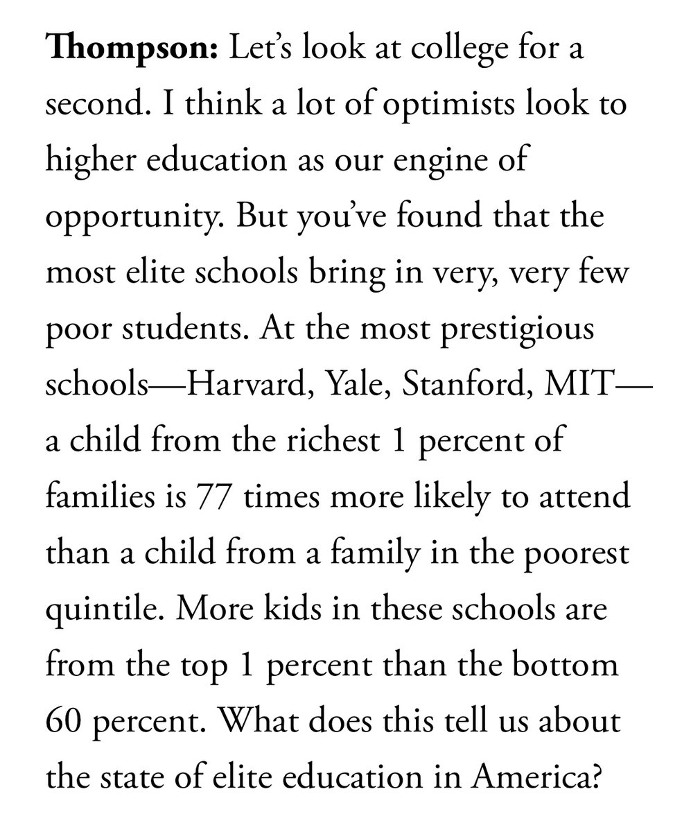 DKThomp's tweet photo. Raj Chetty on how the Ivy League and other elite universities are much more like life preservers for class privilege than engines of social mobility  

https://t.co/MVr3ly317x https://t.co/BdP0EMdOMV