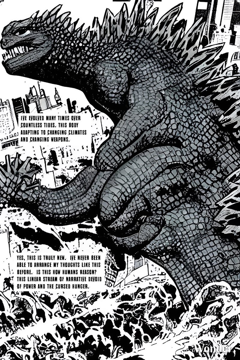 tracymorse2010's tweet photo. I typed "Godzilla" into the Wonder AI app and wrote a story based on what it generated.  It's a fun writing exercise for me and holy crap the images are mind-blowing. Enjoy! https://t.co/W8bjECIMT3