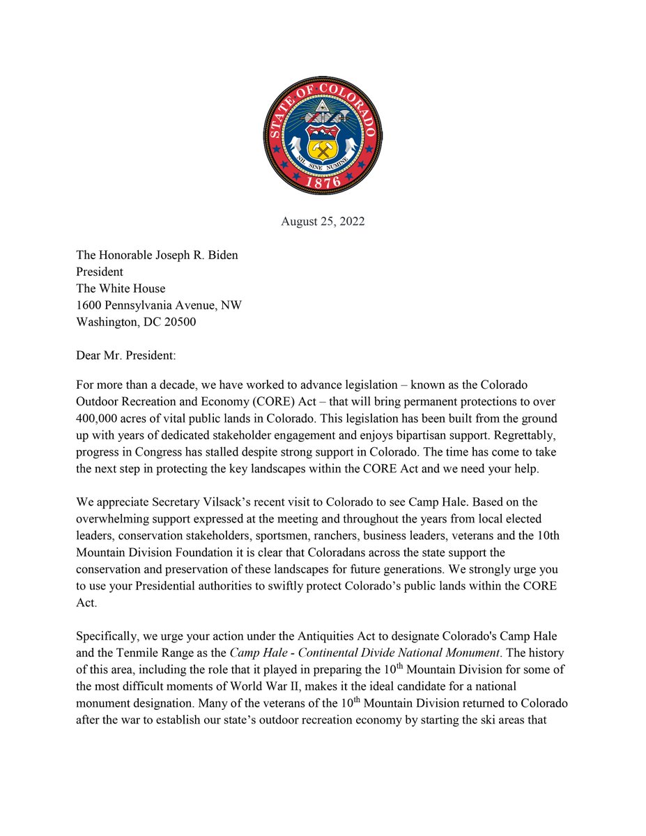 SenatorBennet's tweet photo. 🚨@SenatorHick, @GovofCO, @RepJoeNeguse &amp; I are urging @POTUS to use the Antiquities Act to make Camp Hale and Tenmile Range a national monument and other presidential authorities to protect the landscapes in the #COREAct.
 
Colorado can't wait any longer: https://t.co/z0mma0akT3 https://t.co/XXqVf1HlQj