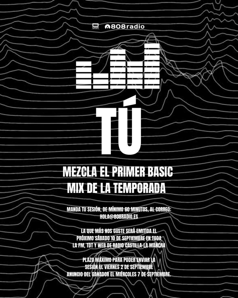 808_Radio's tweet photo. Buscamos protagonista del inicio de la nueva temporada de @808_Radio en @RadioCLM_es @CMM_es 📻
Manda tu sesión a hola@808radio.es y quédate con el primer #BasicMix ¿Nos ayudas a descubrir? https://t.co/5HfUNmiPXz