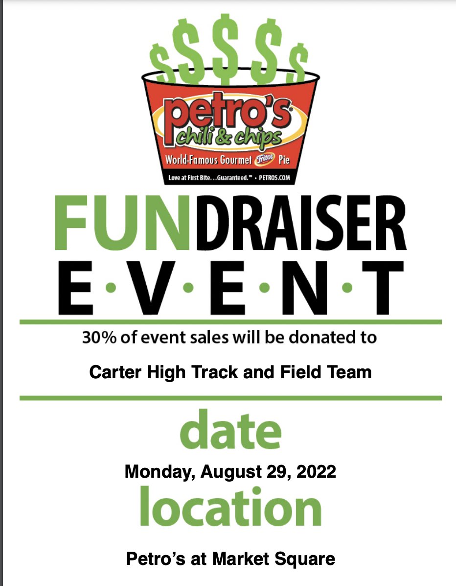 cartertrack's tweet photo. Dinner Plans? If not, come out to Petro's Market Square location on Monday, August 29th to support our Track Homecoming Candidate. Make sure to show this online flyer at checkout! https://t.co/FmR8EBedel