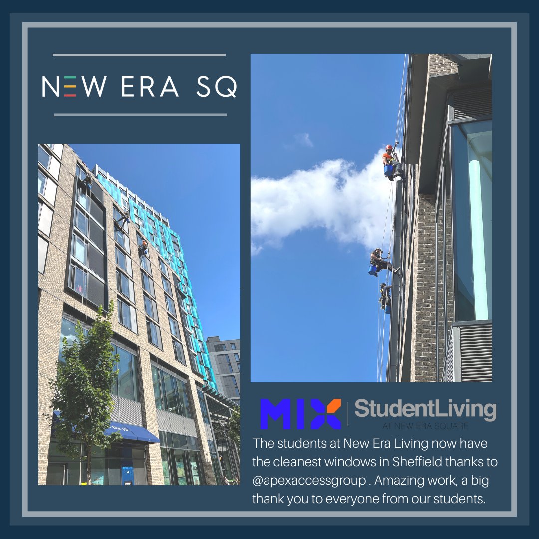 NewEraSheffield's tweet photo. The students at New Era Living now have the cleanest windows in all of Sheffield. A big thank you to the apex access group team who did such a fantastic job.
@ApexAccess @apexaccessgroup
#ropeaccesstraining #absail #windowcleaningservice #apexaccessgroup #sheffield #southyorks https://t.co/z8m946o821