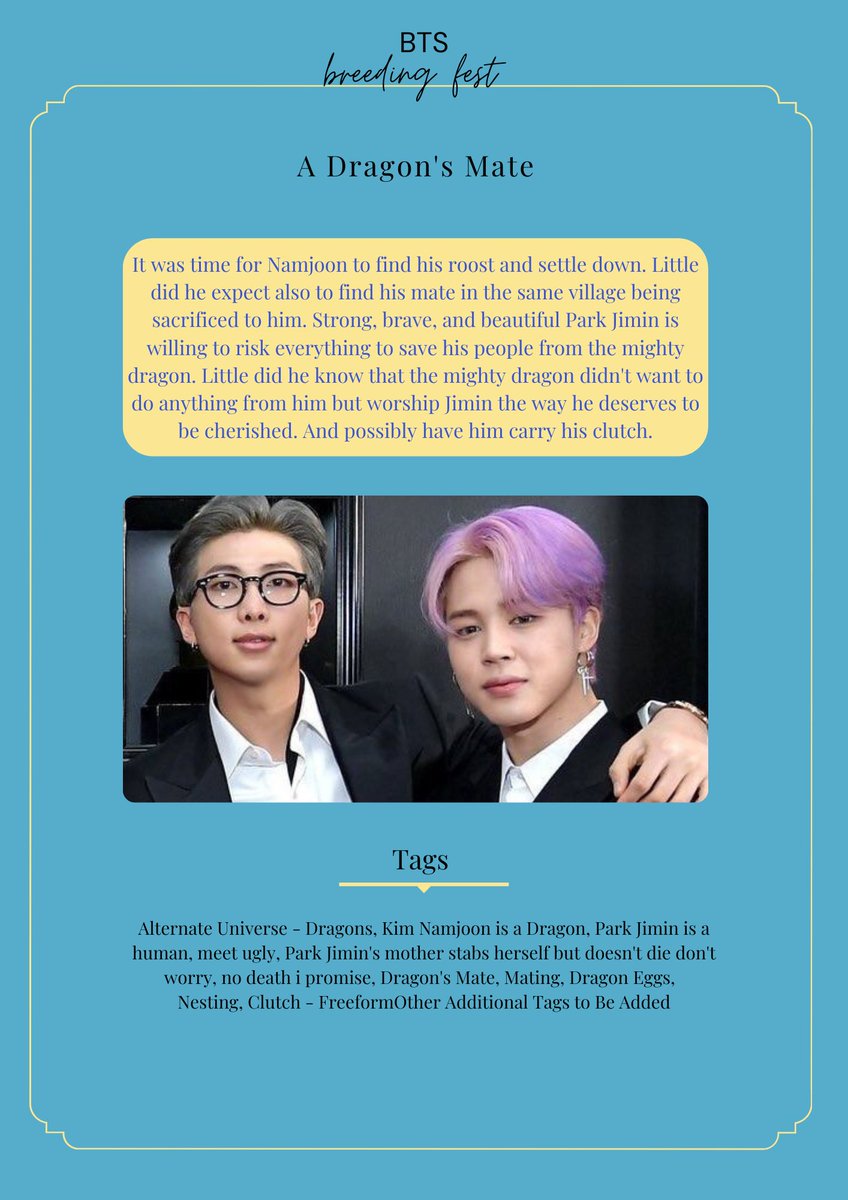 A Dragon's Mate

🐉 MiniMoni/MinJoon
🐉 1.8k
🐉 WIP
🐉 dragons, dragon Namjoon, human Jimin, meet ugly, mpreg, eggs, nesting, side character injury, parental charcacter injury

🔗archiveofourown.org/works/40544973…