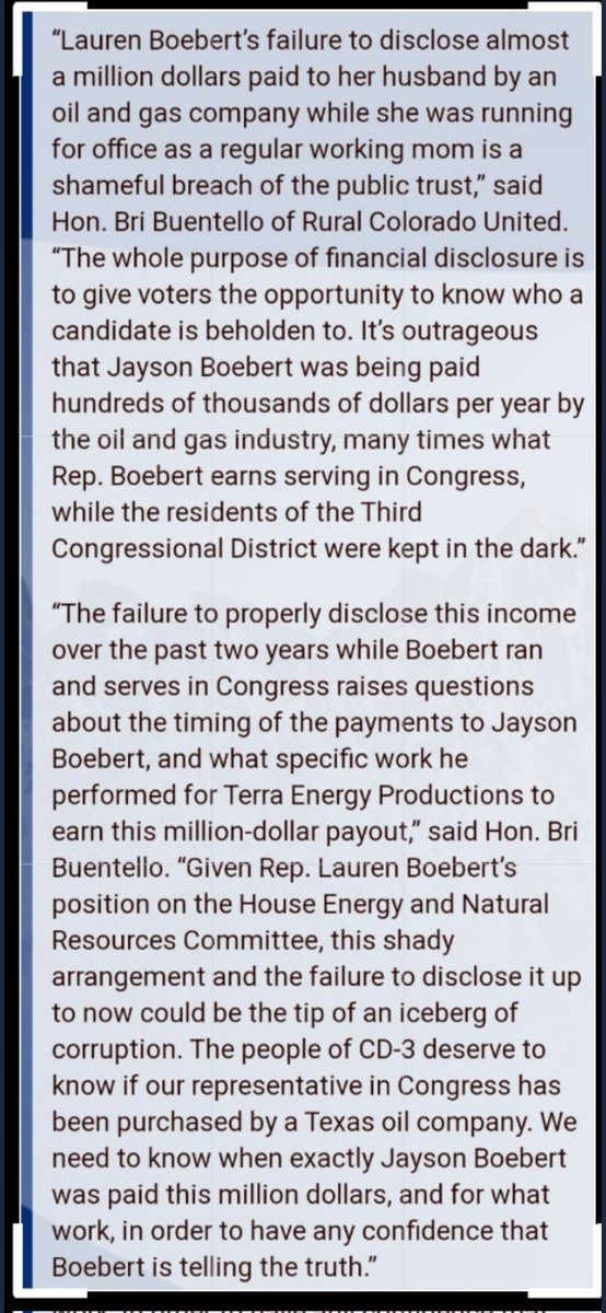 rhonda_harbison's tweet photo. @laurenboebert What about your husband's PPP loans and million dollars after you conveniently forgot to report it. All while trying to cut drilling regulations. That's called pay to play.
https://t.co/OqXdBM87ds
Colorado's Boebert pushed to loosen drilling rules, but failed to disclose ... https://t.co/uHj0JDqOD7