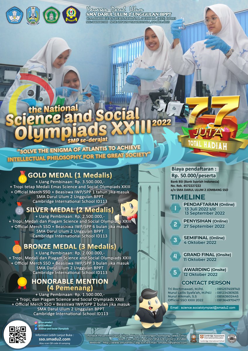 reversion28's tweet photo. Halo sobat!✨
The National Science and Social Olympiads atau dikenal juga dengan SSO merupakan ajang Olimpiade bagi pelajar SMP/ MTs Sederajat yang diselenggarakan oleh SMA Darul Ulum 2 Unggulan BPPT (Cambridge International School ID113) sejak tahun 1999. #WeLoveSSO #SSOSMADU2 https://t.co/uYW2CzAlD9
