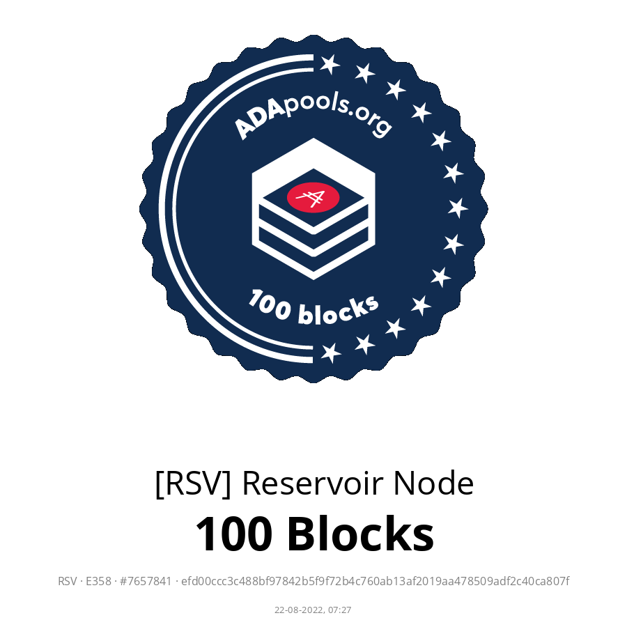 Our 100th block was on 1.35.3. Thank you to the delegators who have supported the pool. I've been distant from Twitter lately but still active behind the scenes with side services, minor dev work, and technical writing.