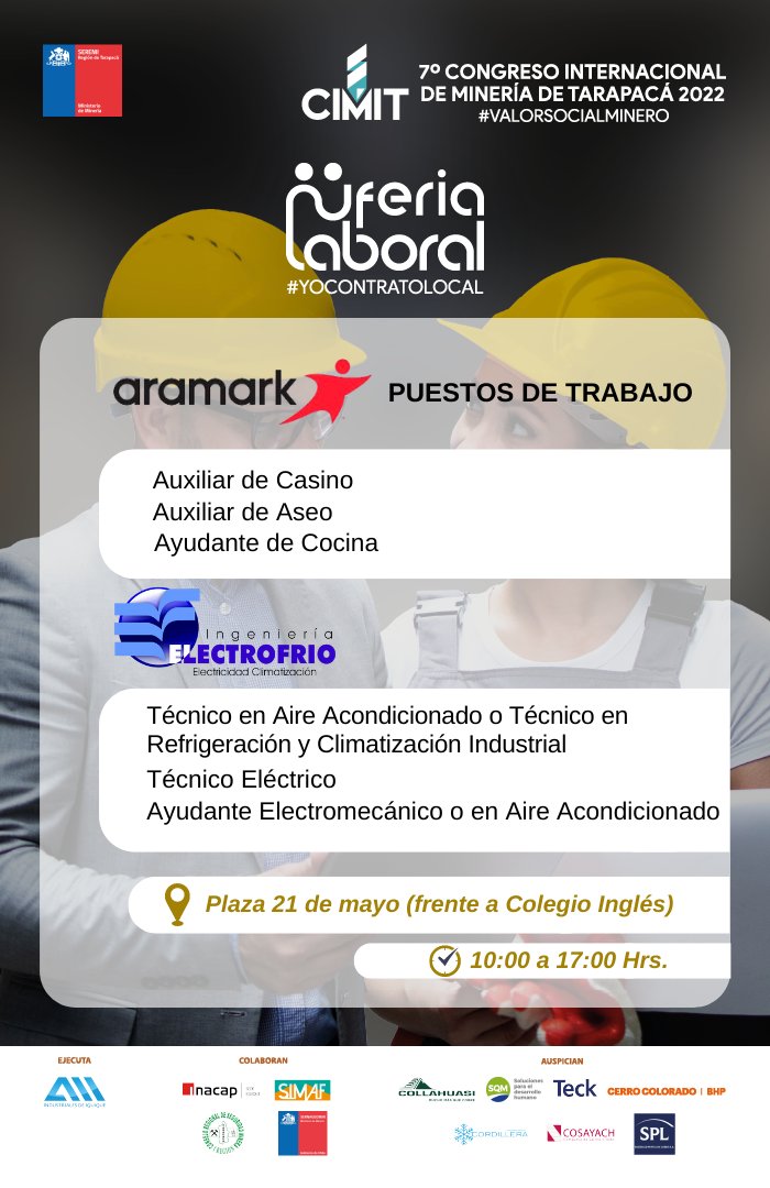 aiigremio's tweet photo. #CIMIT2022 #YoContratoLocal  
Hoy, hasta las 17 horas, estaremos con la Feria Laboral #YoContratoLocal 
📣¡¡Aprovecha esta oportunidad y actualiza tu #CV!!
📍 Plaza 21 de Mayo (Frente al Colegio Inglés)

#CerroColorado #SQM #Cosayach #SPL #CMCordillera #Sernageomin #Tarapacá https://t.co/yqDEhKISGX