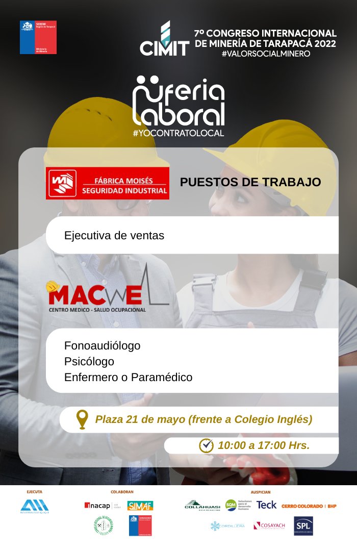 aiigremio's tweet photo. #CIMIT2022 #YoContratoLocal  
Hoy, hasta las 17 horas, estaremos con la Feria Laboral #YoContratoLocal 
📣¡¡Aprovecha esta oportunidad y actualiza tu #CV!!
📍 Plaza 21 de Mayo (Frente al Colegio Inglés)

#CerroColorado #SQM #Cosayach #SPL #CMCordillera #Sernageomin #Tarapacá https://t.co/yqDEhKISGX