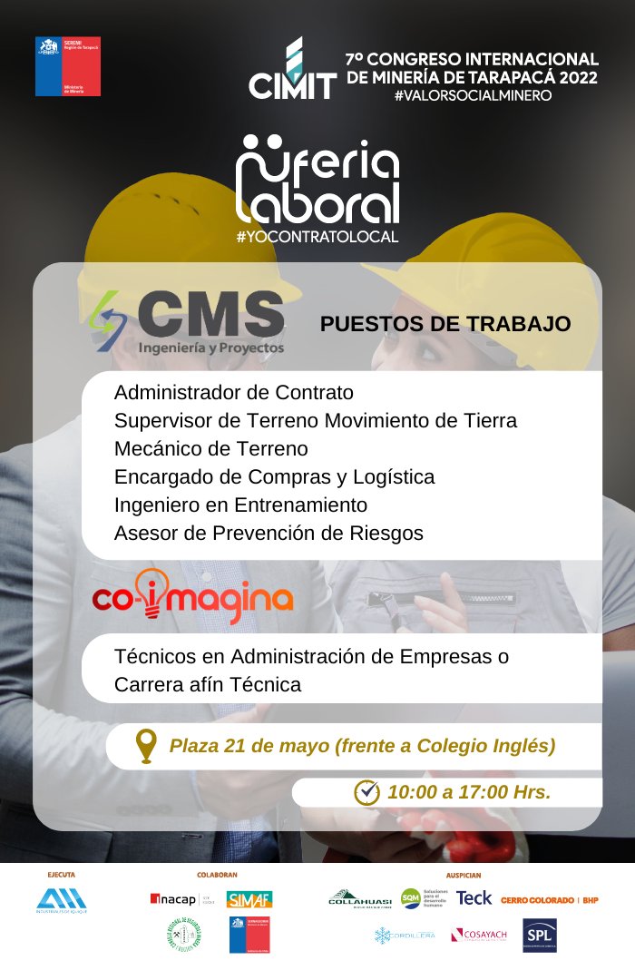 aiigremio's tweet photo. #CIMIT2022 #YoContratoLocal  
Hoy, hasta las 17 horas, estaremos con la Feria Laboral #YoContratoLocal 
📣¡¡Aprovecha esta oportunidad y actualiza tu #CV!!
📍 Plaza 21 de Mayo (Frente al Colegio Inglés)

#CerroColorado #SQM #Cosayach #SPL #CMCordillera #Sernageomin #Tarapacá https://t.co/yqDEhKISGX
