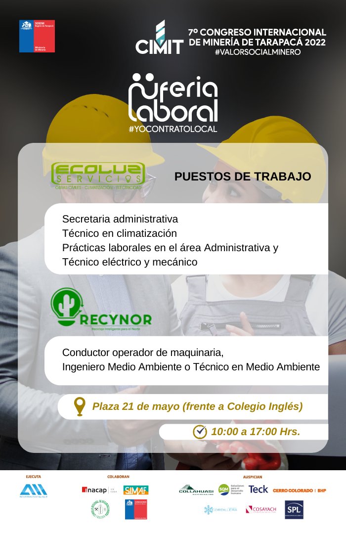 aiigremio's tweet photo. #CIMIT2022 #YoContratoLocal  
Hoy, hasta las 17 horas, estaremos con la Feria Laboral #YoContratoLocal 
📣¡¡Aprovecha esta oportunidad y actualiza tu #CV!!
📍 Plaza 21 de Mayo (Frente al Colegio Inglés)

#CerroColorado #SQM #Cosayach #SPL #CMCordillera #Sernageomin #Tarapacá https://t.co/yqDEhKISGX