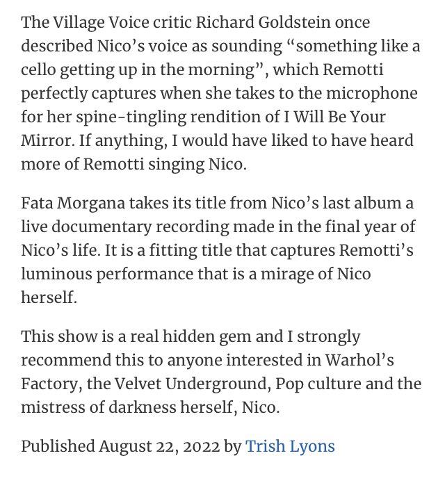 MargheRem's tweet photo. And another review is out ♥️

Thank you @trish._.lyons for your wonderful appreciation. 
Long live rock&amp;roll 🙌
Ps: 3 more runs to go… Ed Fringe people take your chance! 
@edfringe @INESWURTH @kellamjon @albe_laroo @thepleasance #lammermuir #EICC 
#fatamorgana #nico https://t.co/H1Y0FmkwH5